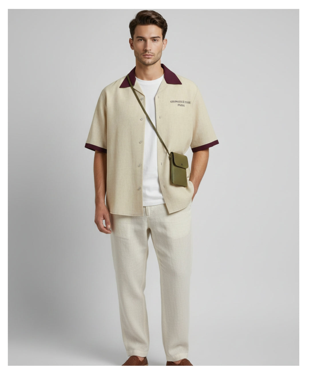 Beige-Bordeaux - The Signature Camp Collar Shirt